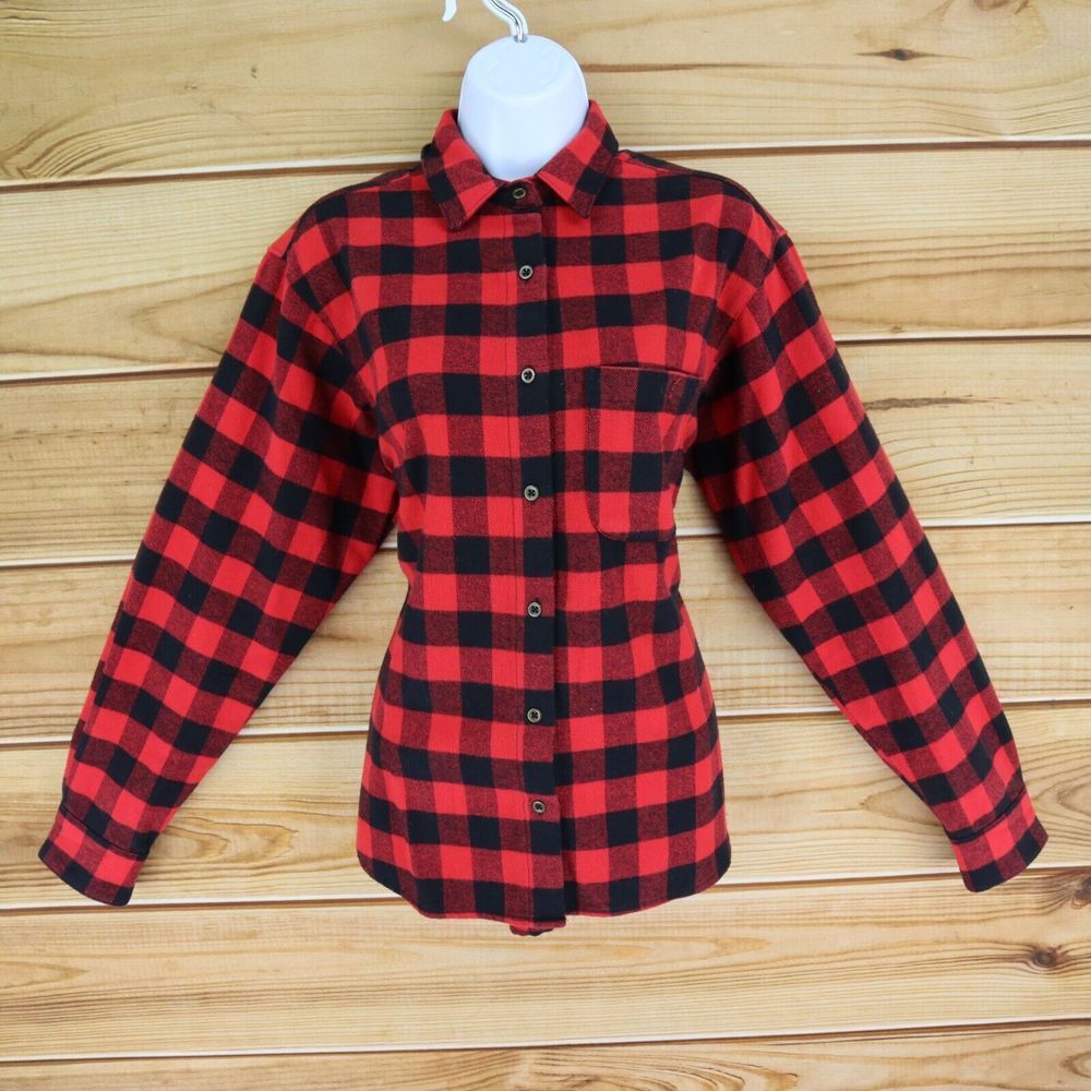 Wild‎ Fable Oversized Plaid Button Up Shirt Womens Size XS Red Black 100% Cotton